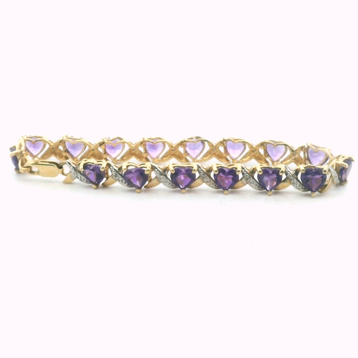 14K Yellow Gold Diamond & Amethyst Heart Bracelet