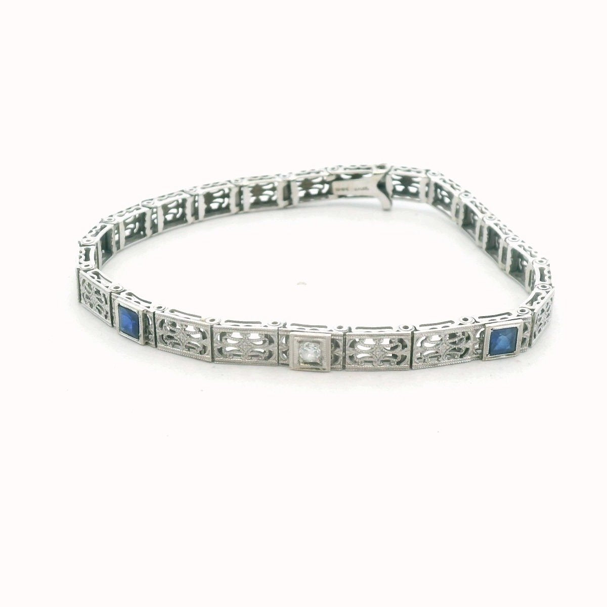 Antique 14K White Gold Diamond & Lab Created Sapphire Filigree Bracelet
