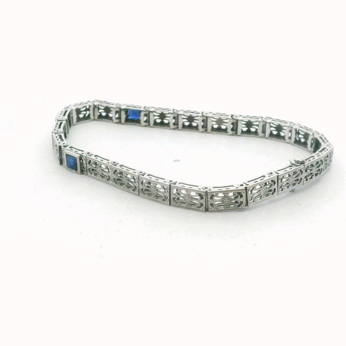 Antique 14K White Gold Diamond & Lab Created Sapphire Filigree Bracelet
