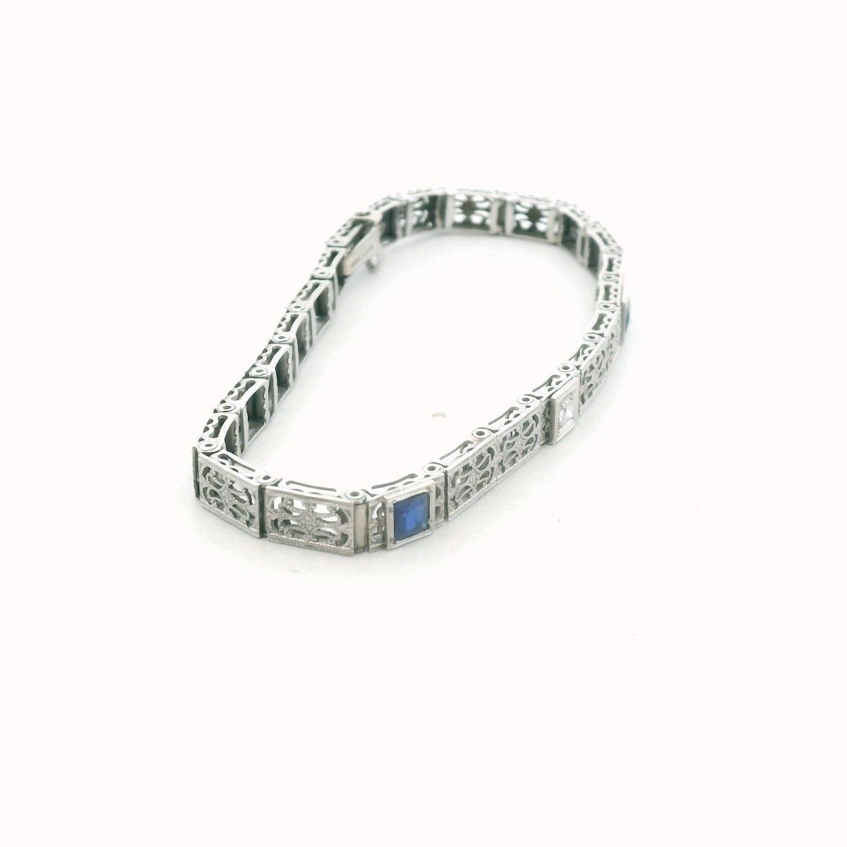 Antique 14K White Gold Diamond & Lab Created Sapphire Filigree Bracelet