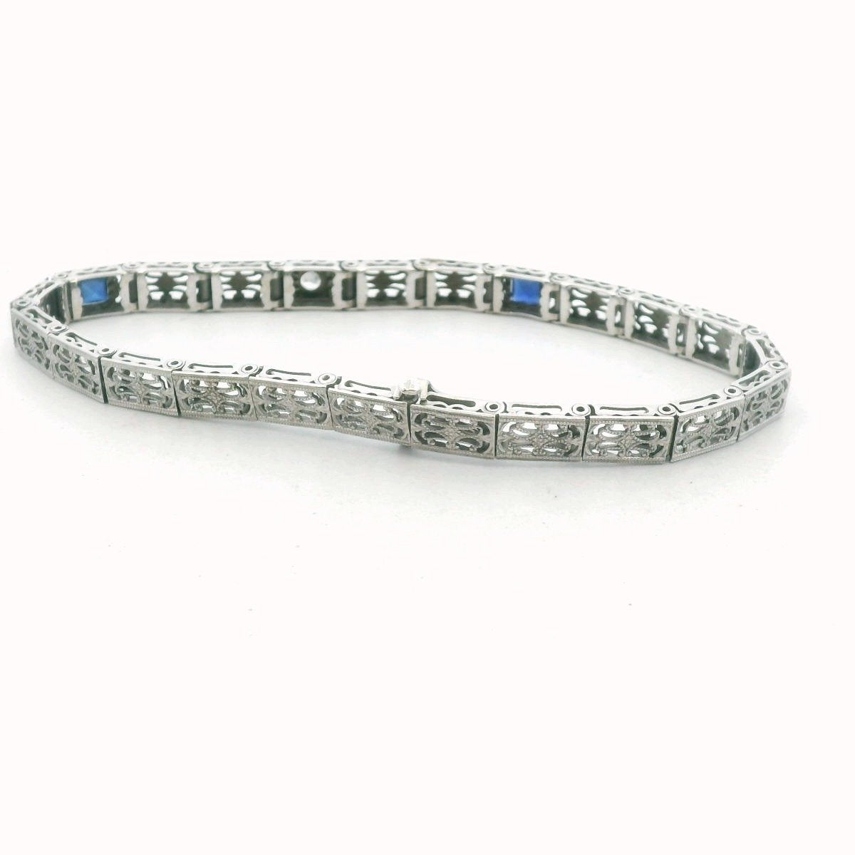 Antique 14K White Gold Diamond & Lab Created Sapphire Filigree Bracelet
