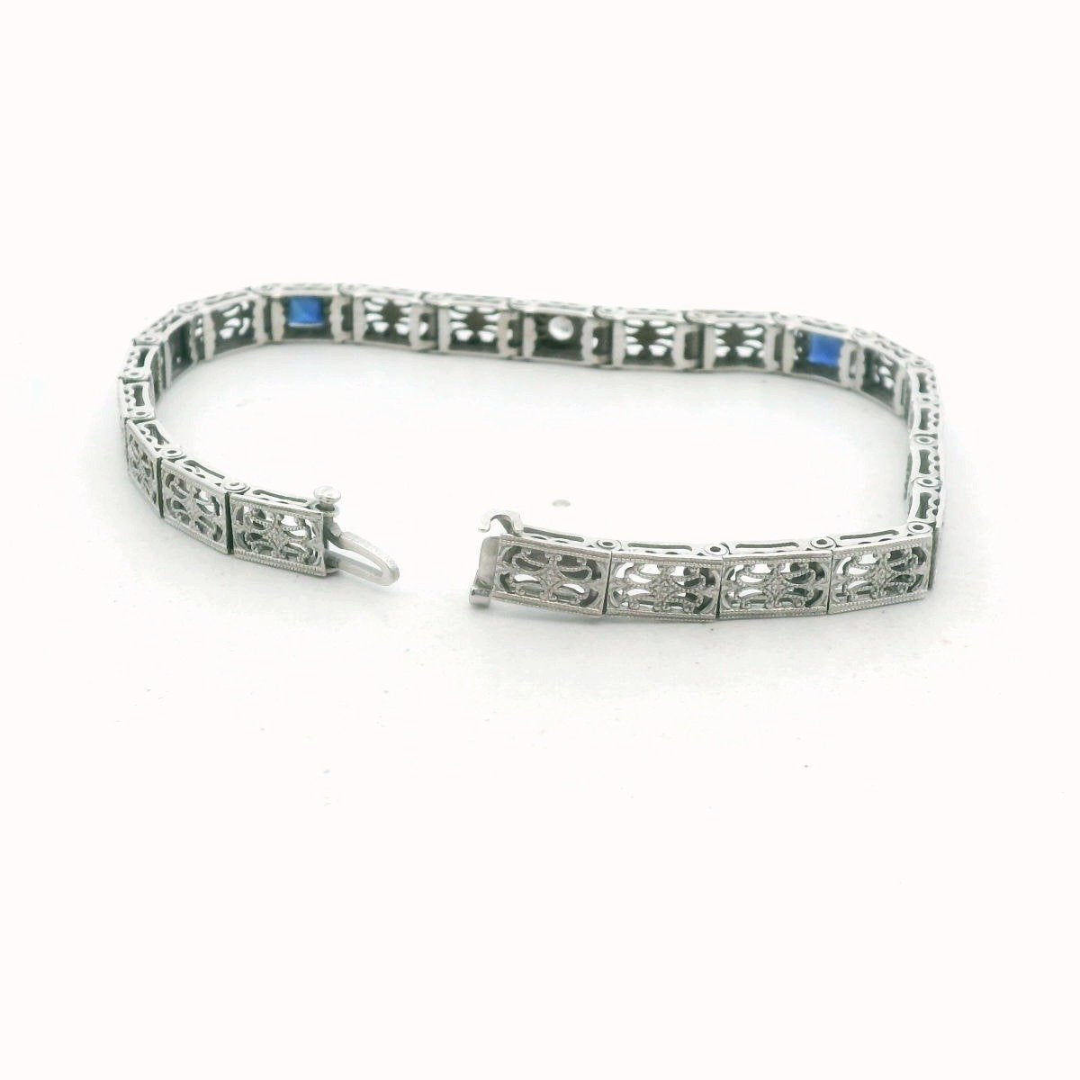 Antique 14K White Gold Diamond & Lab Created Sapphire Filigree Bracelet