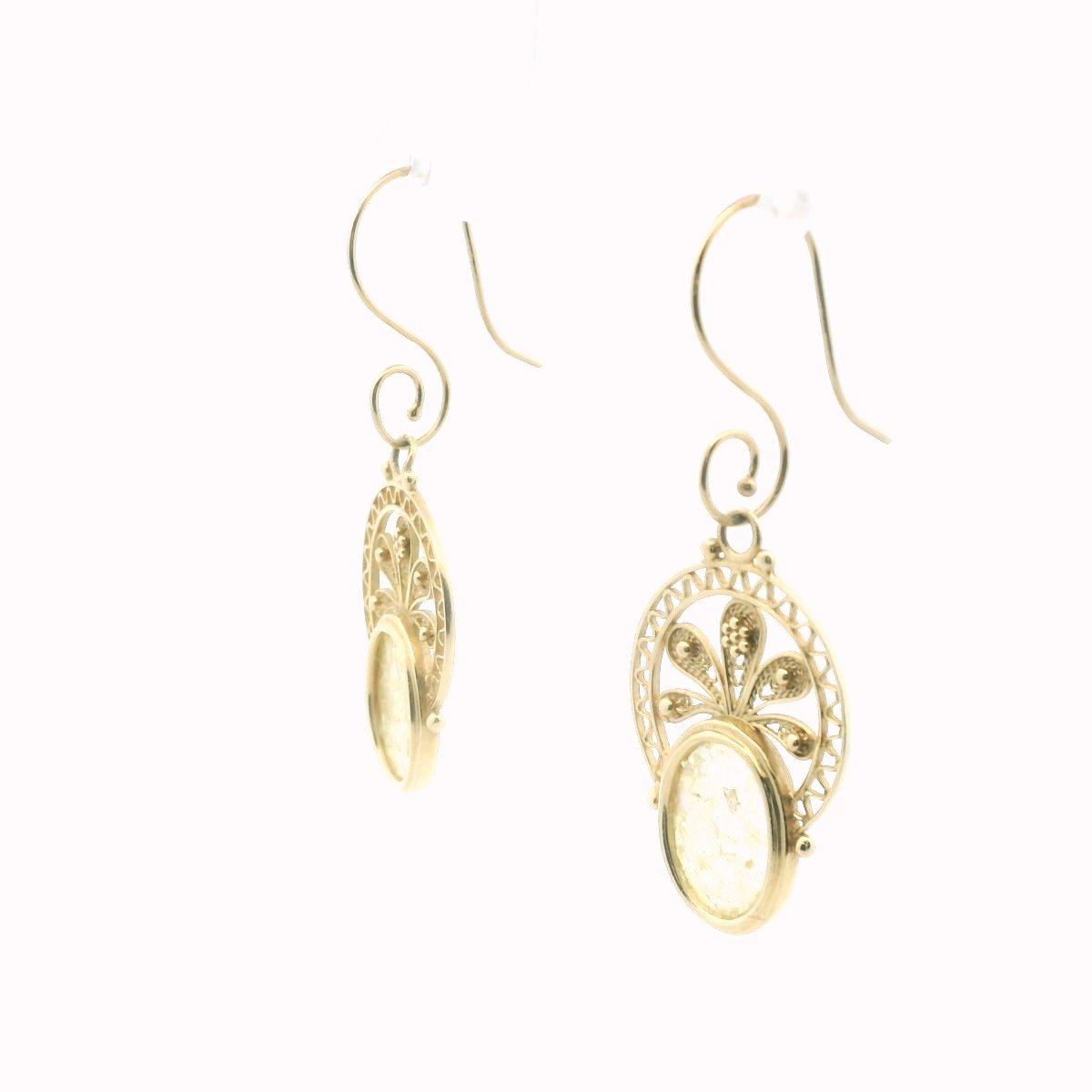 14k Yellow Gold Roman Glass Wirework Filigree Drop Earrings
