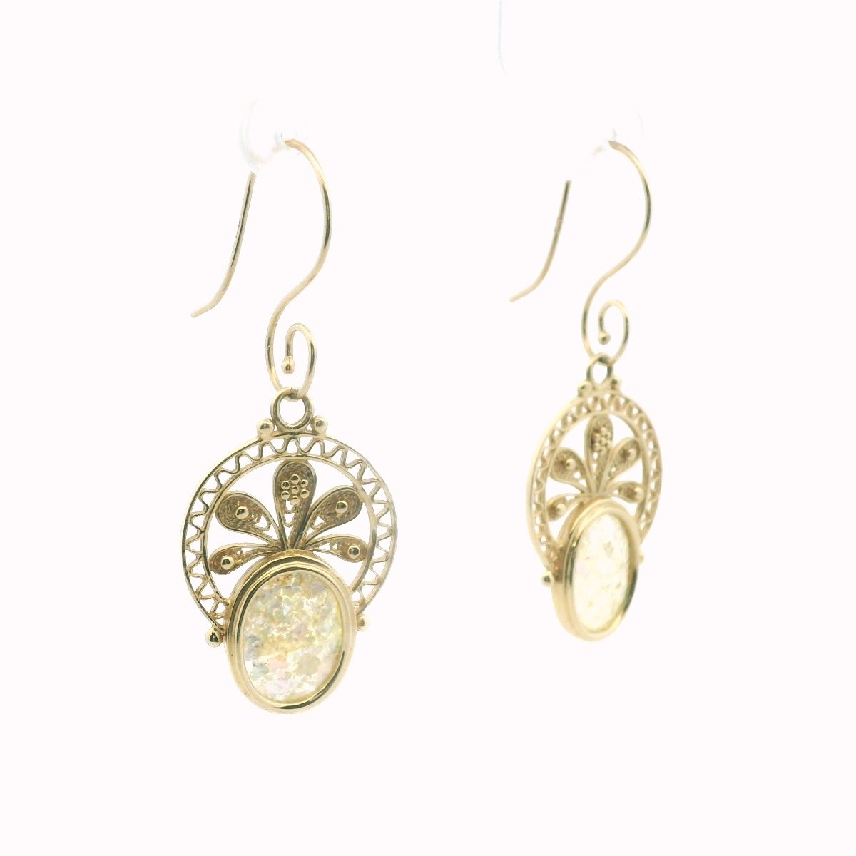 14k Yellow Gold Roman Glass Wirework Filigree Drop Earrings
