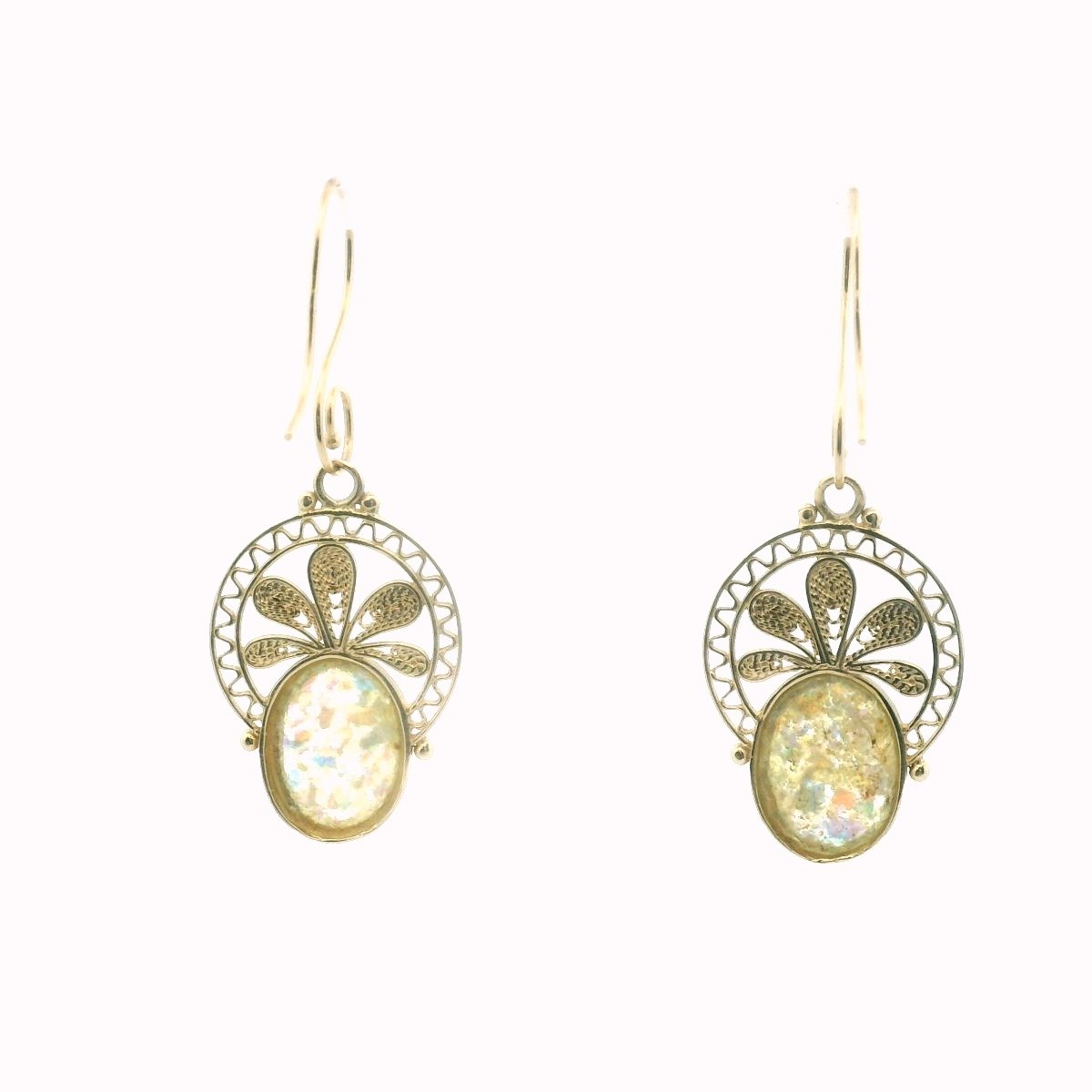 14k Yellow Gold Roman Glass Wirework Filigree Drop Earrings