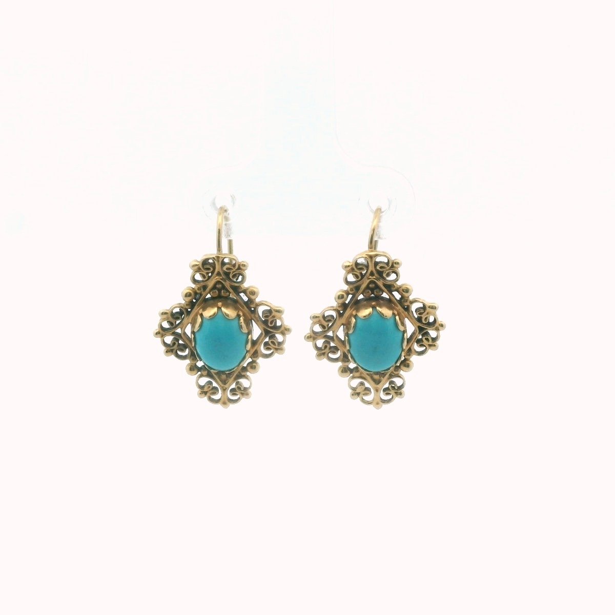 Vintage 14K Yellow Gold Turquoise Wirework Earrings
