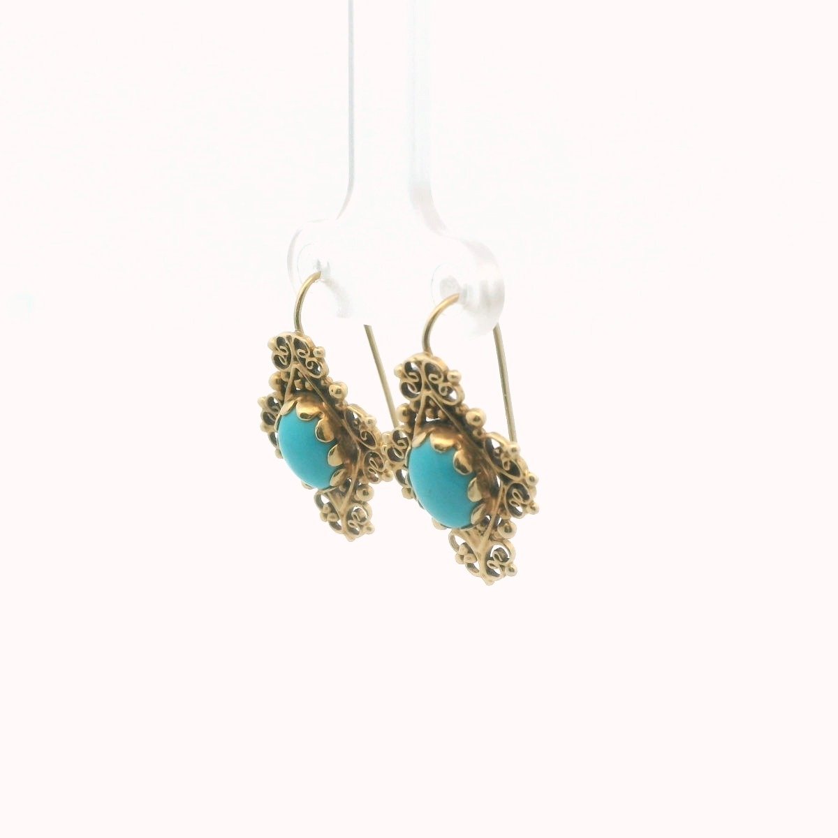 Vintage 14K Yellow Gold Turquoise Wirework Earrings