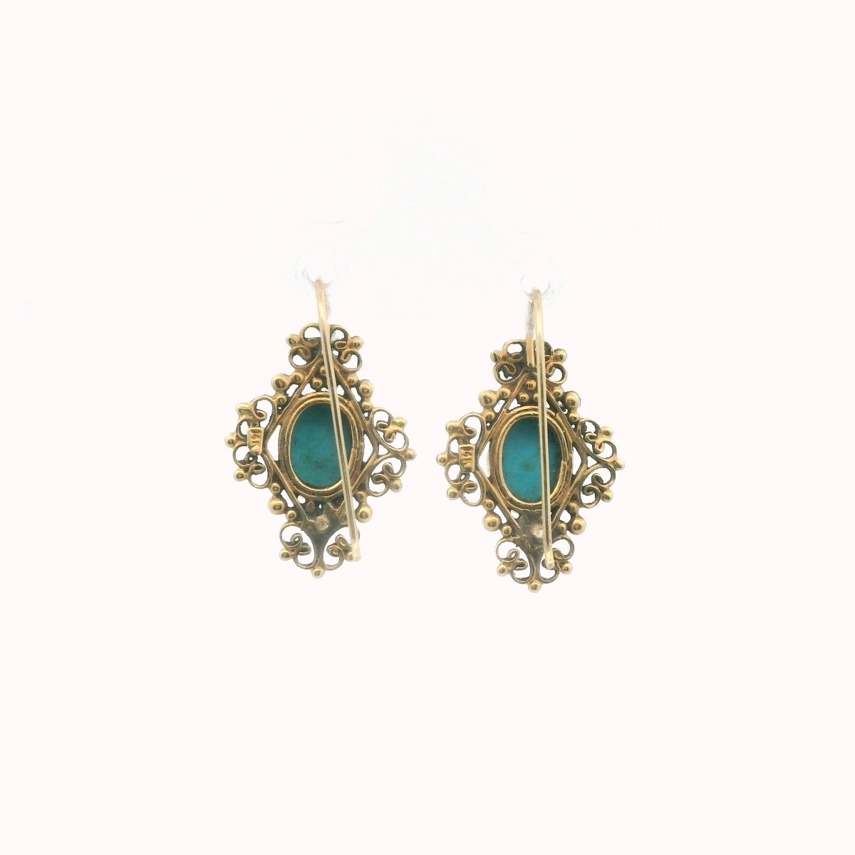 Vintage 14K Yellow Gold Turquoise Wirework Earrings