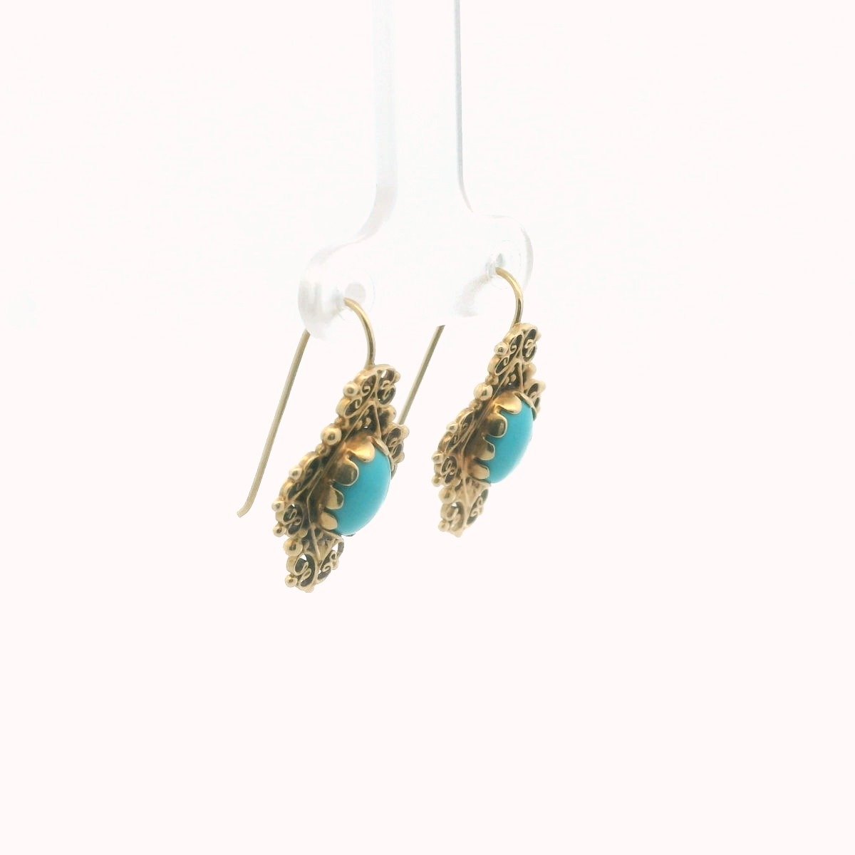 Vintage 14K Yellow Gold Turquoise Wirework Earrings