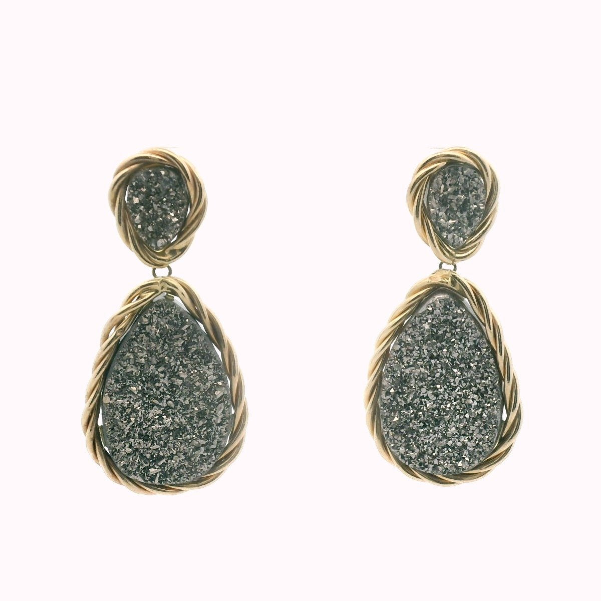 14K Yellow Gold Druzy Quartz Drop Earrings