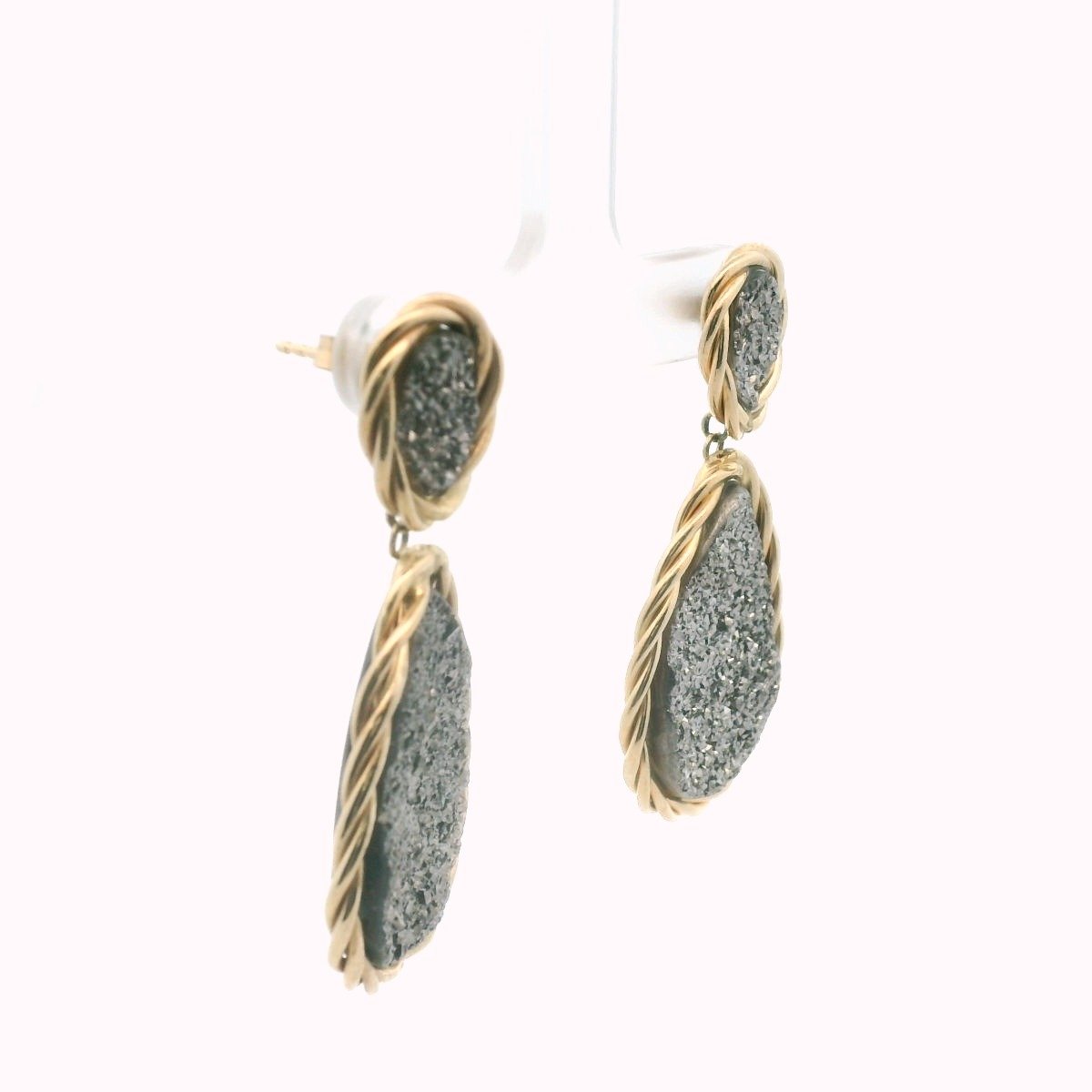 14K Yellow Gold Druzy Quartz Drop Earrings