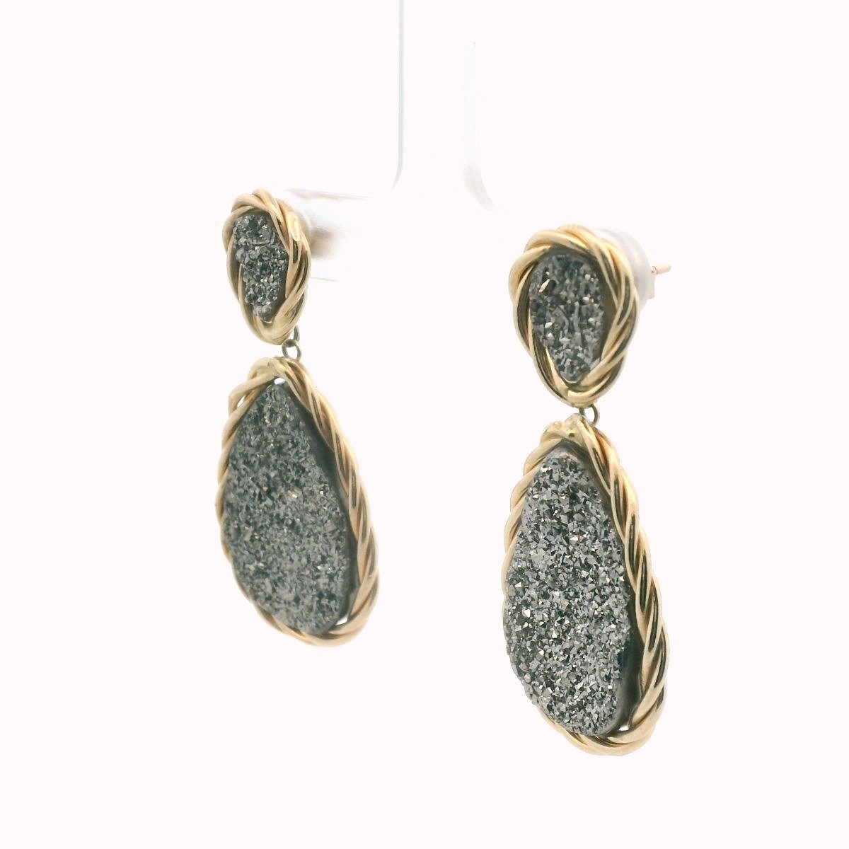 14K Yellow Gold Druzy Quartz Drop Earrings