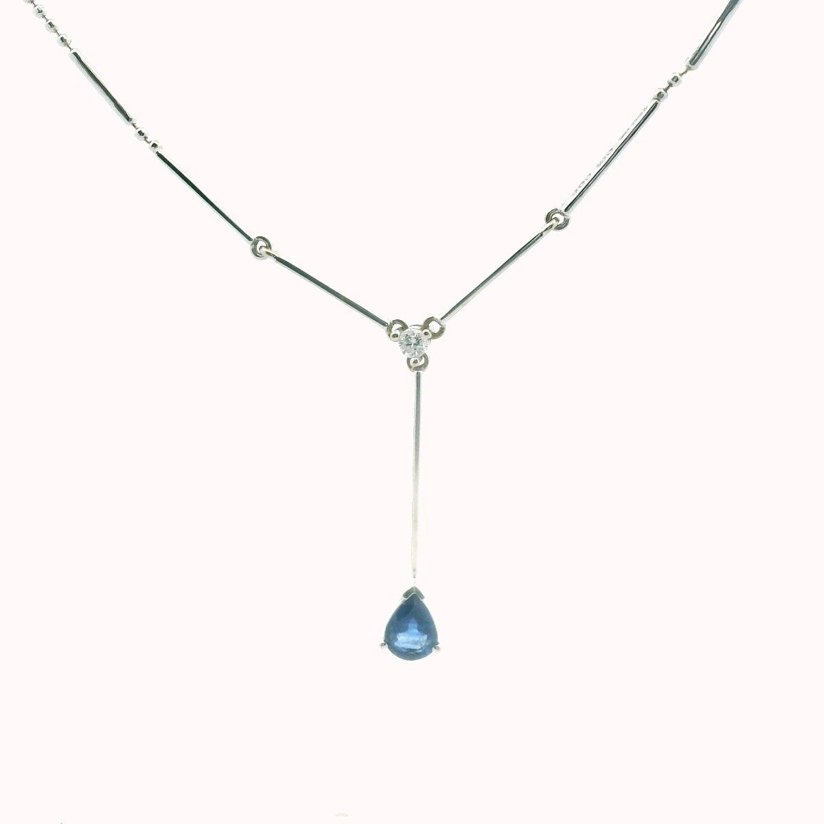 18K White Gold Diamond & Sapphire Bar & Ball Necklace