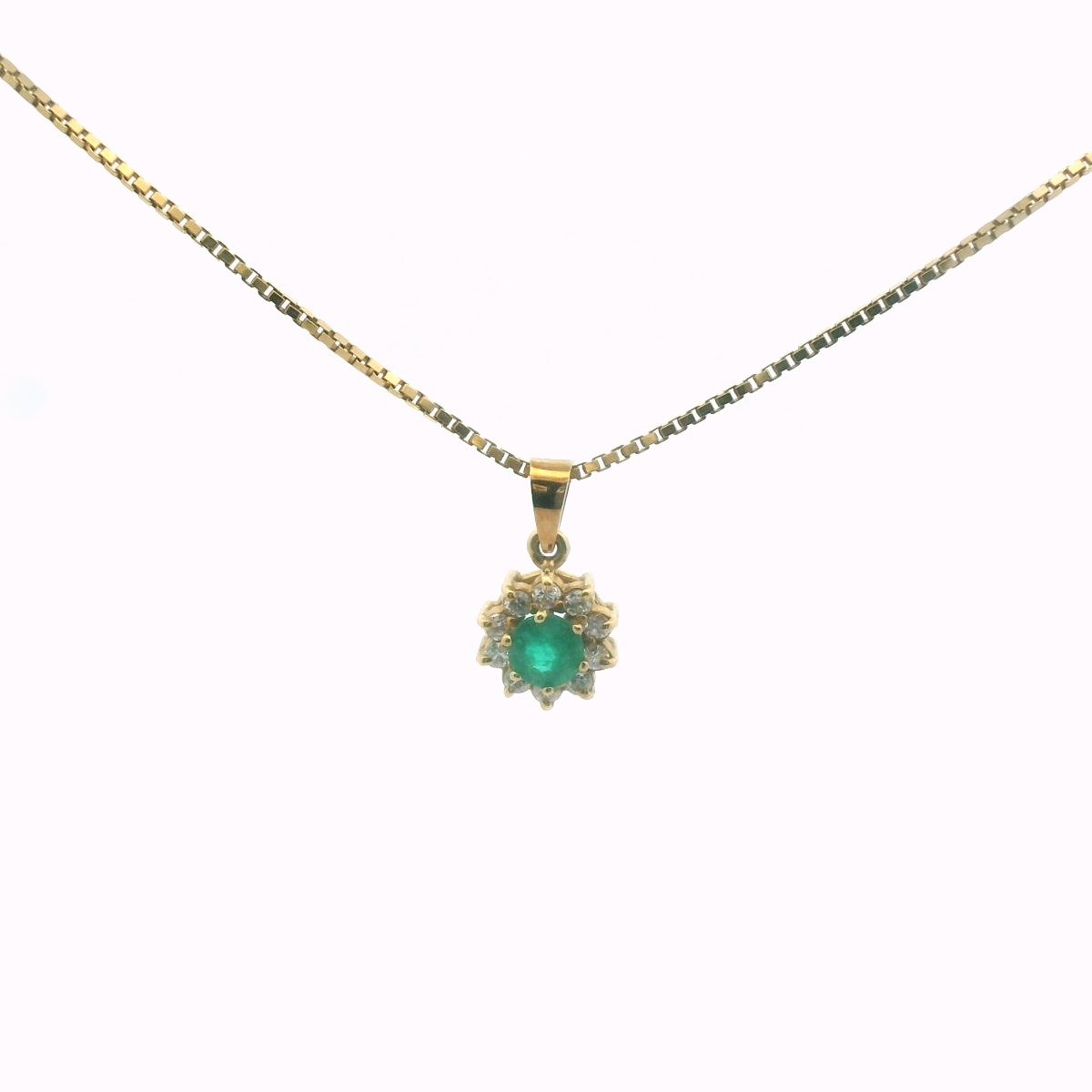 18K Yellow Gold Diamond & Emerald Box Chain Necklace