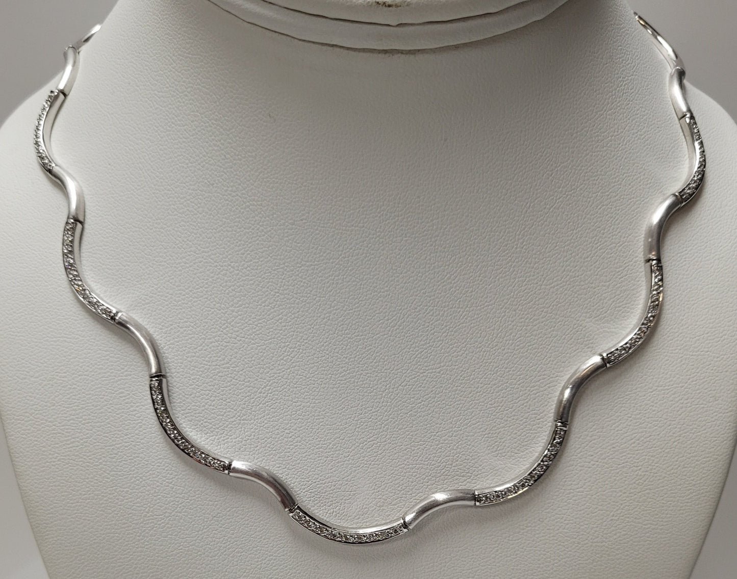 14K White Gold Satin Finish Diamond Wave Design Necklace