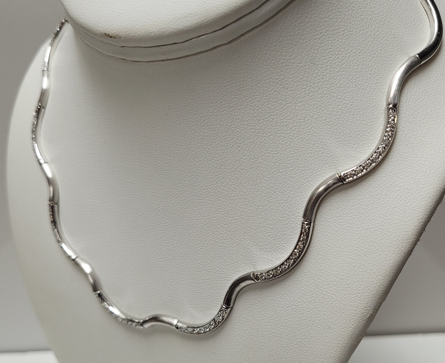14K White Gold Satin Finish Diamond Wave Design Necklace
