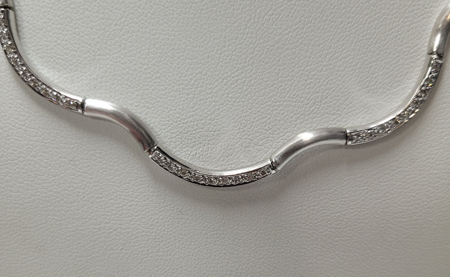 14K White Gold Satin Finish Diamond Wave Design Necklace