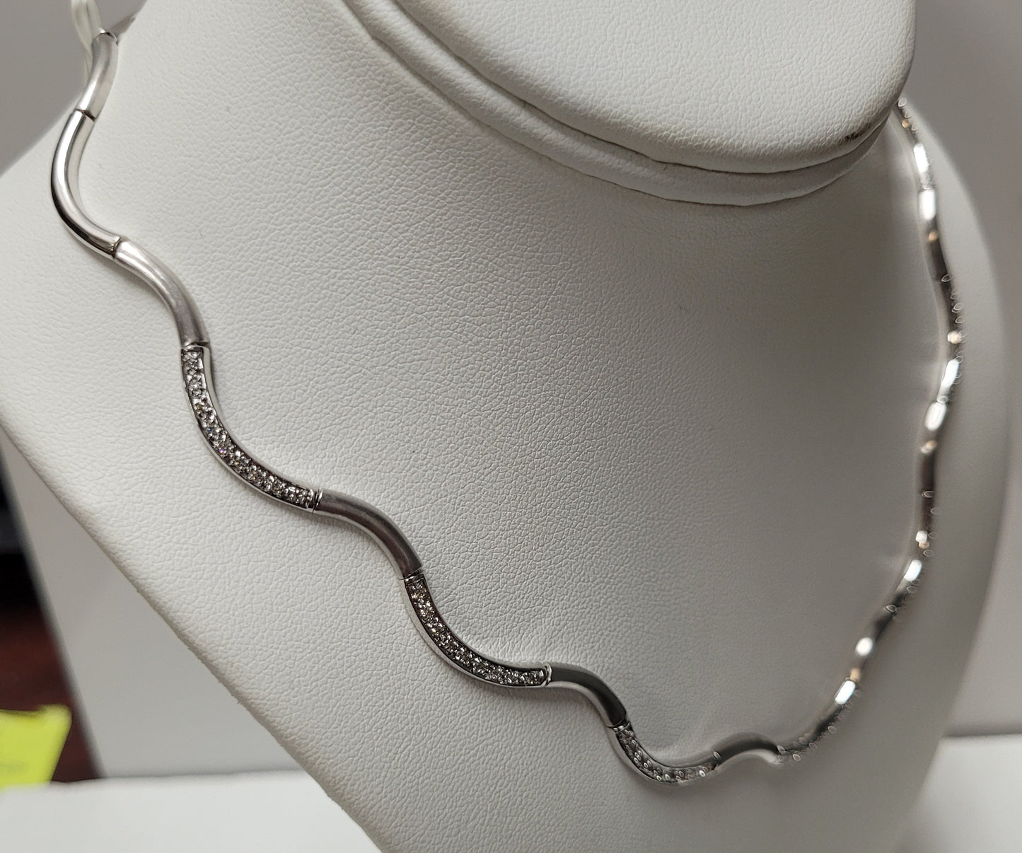 14K White Gold Satin Finish Diamond Wave Design Necklace