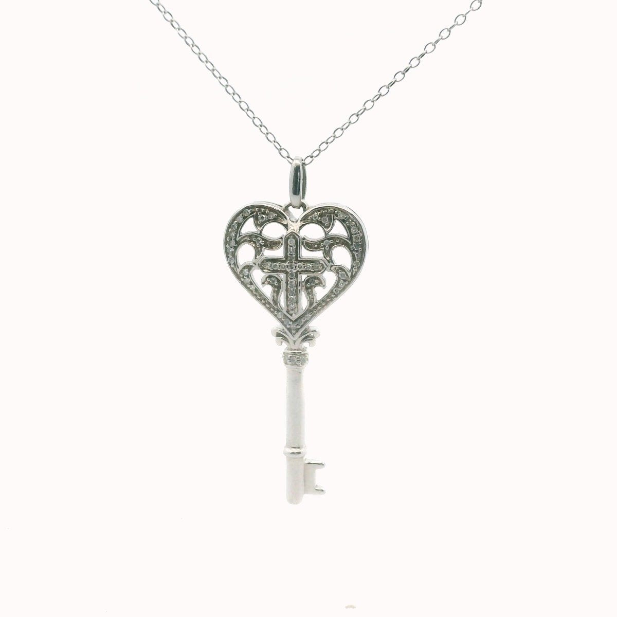 Sterling Silver Diamond Heart Cross Key Necklace