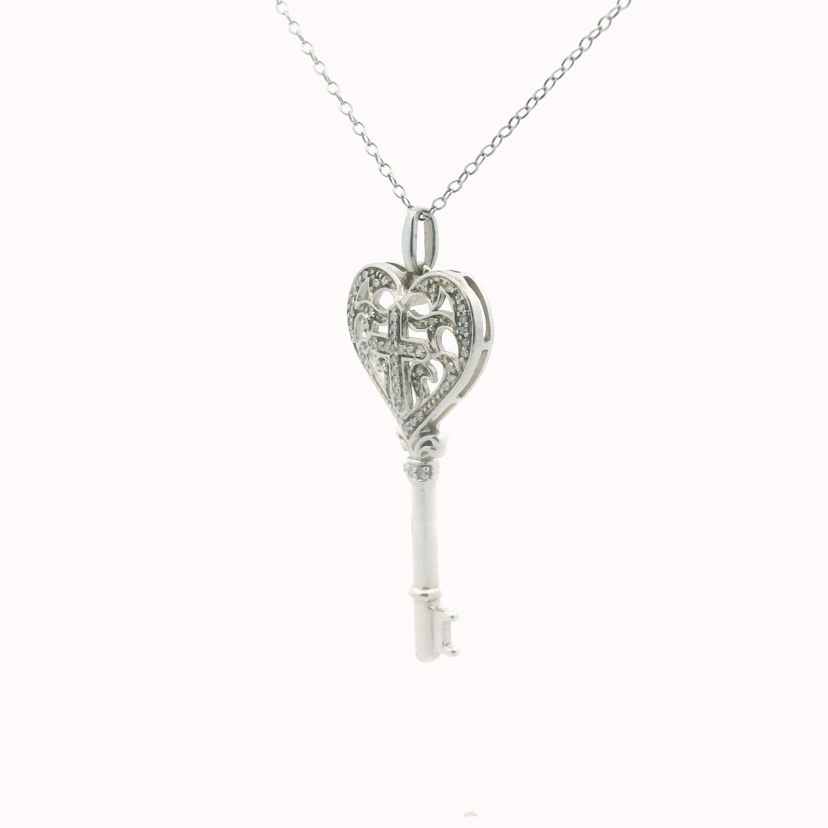 Sterling Silver Diamond Heart Cross Key Necklace