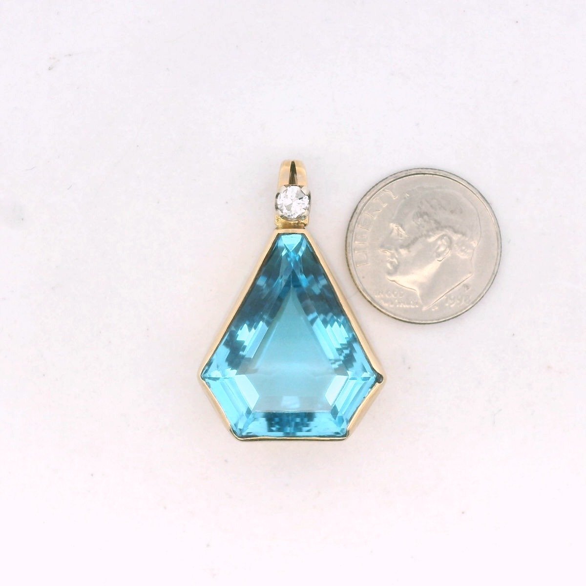 Vintage 14K Yellow Gold Diamond & Kite Shape Blue Topaz Pendant
