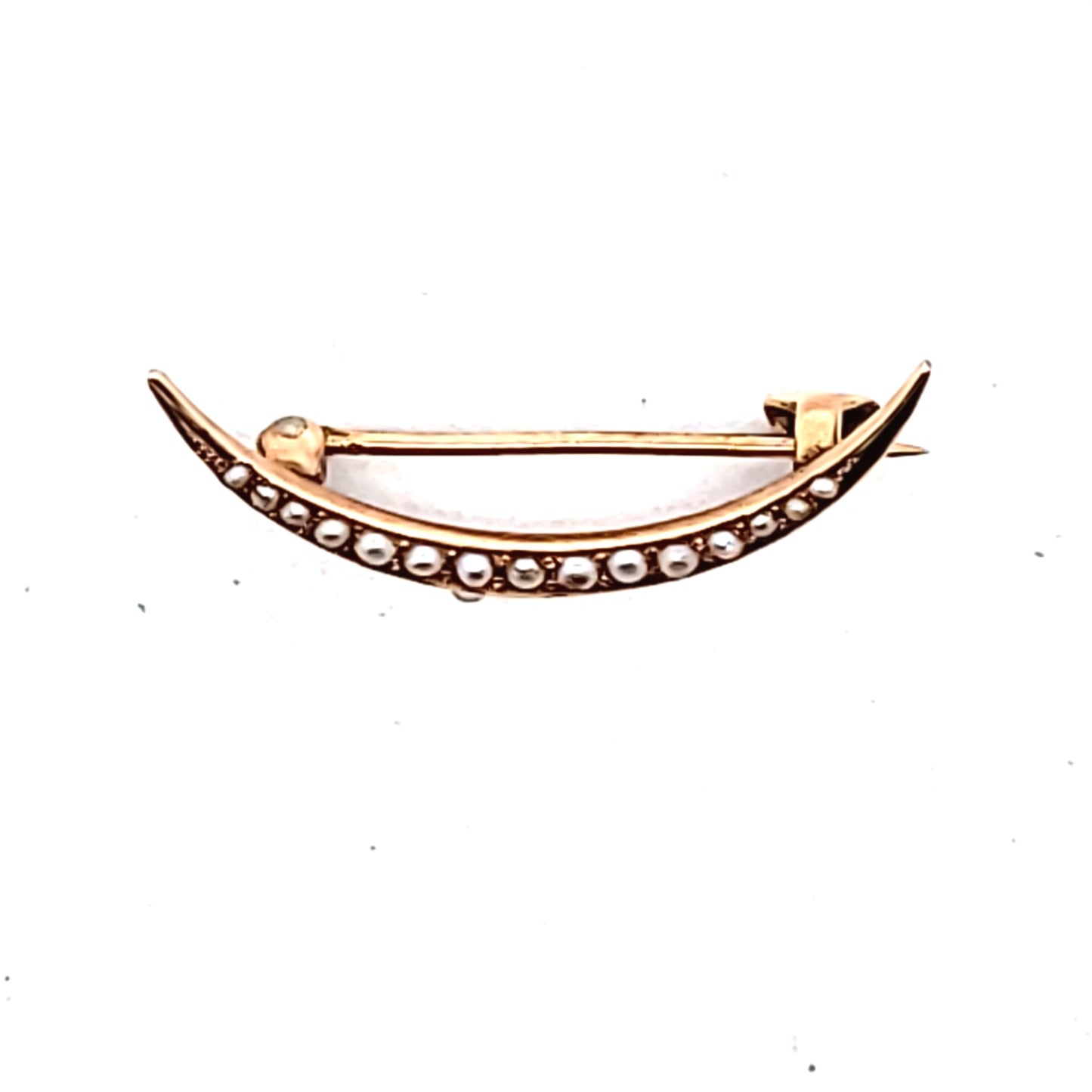 Antique 10K Yellow Gold Crescent Seed Pearl Brooch