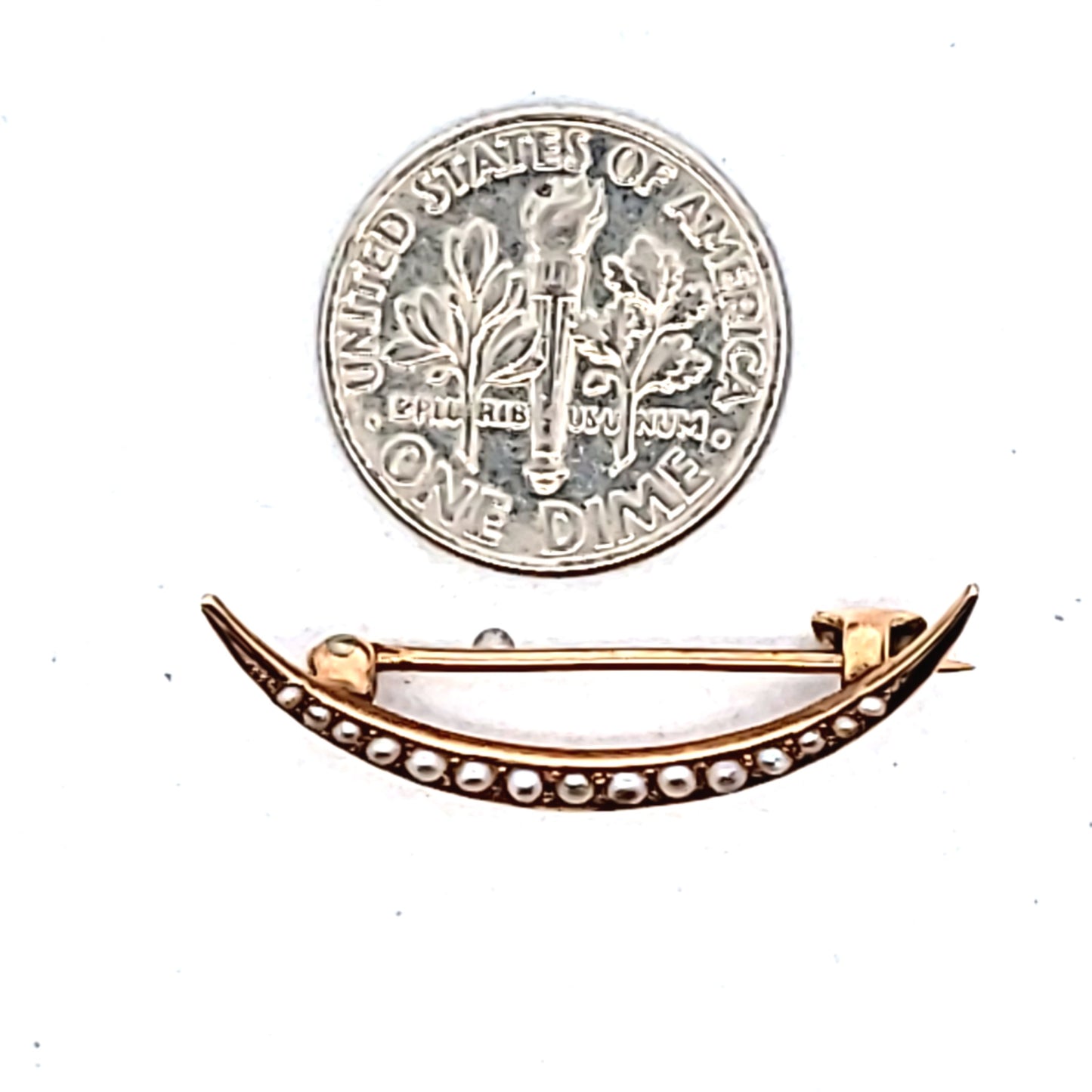Antique 10K Yellow Gold Crescent Seed Pearl Brooch
