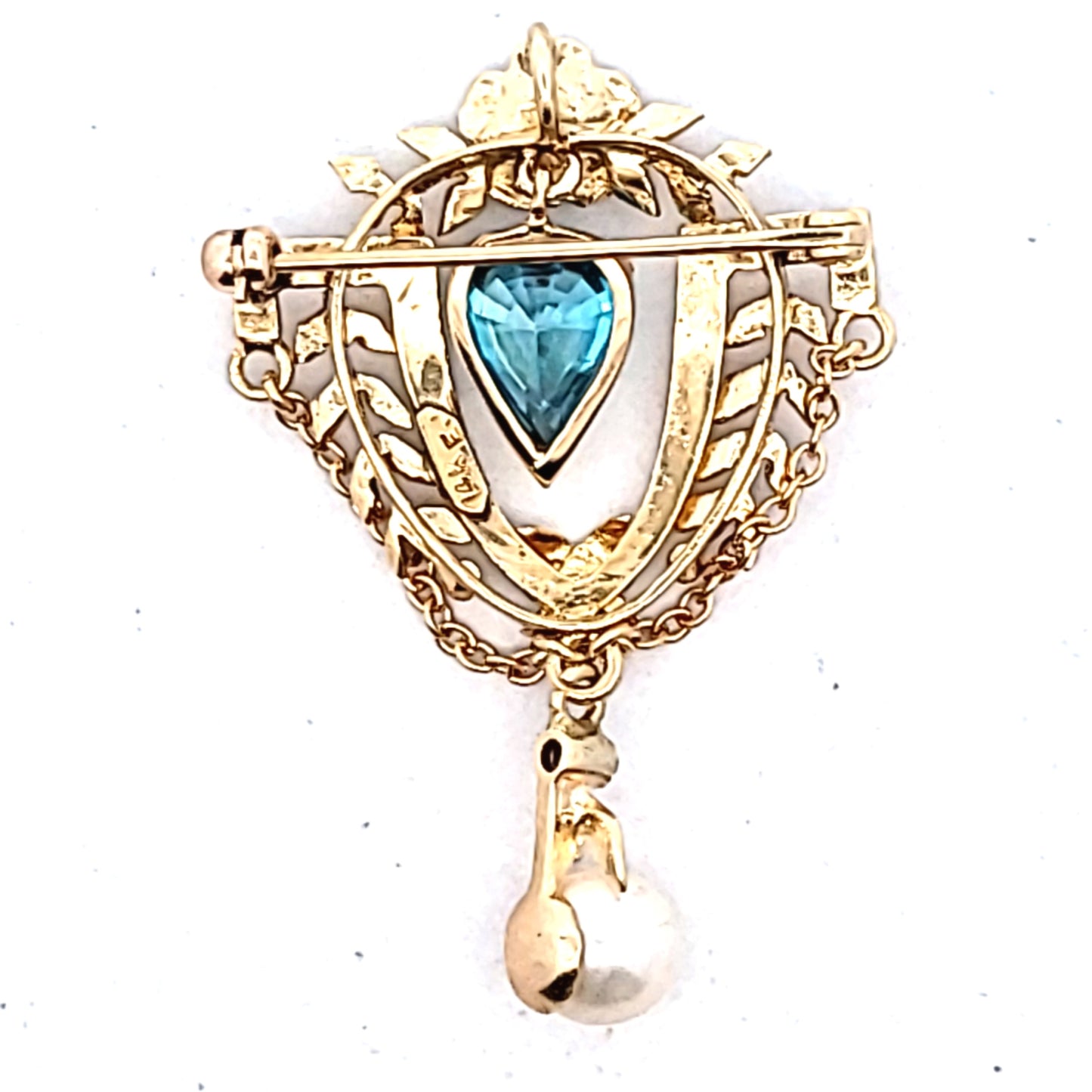 Vintage 14K Yellow Gold Blue Zircon & Pearl Brooch Pendant
