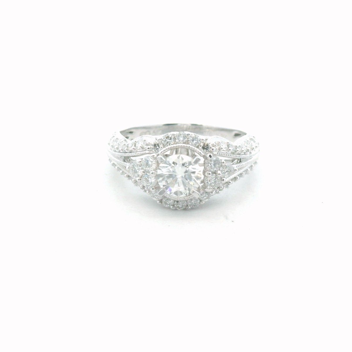 14K White Gold Diamond Engagement Milgrain Accent Ring