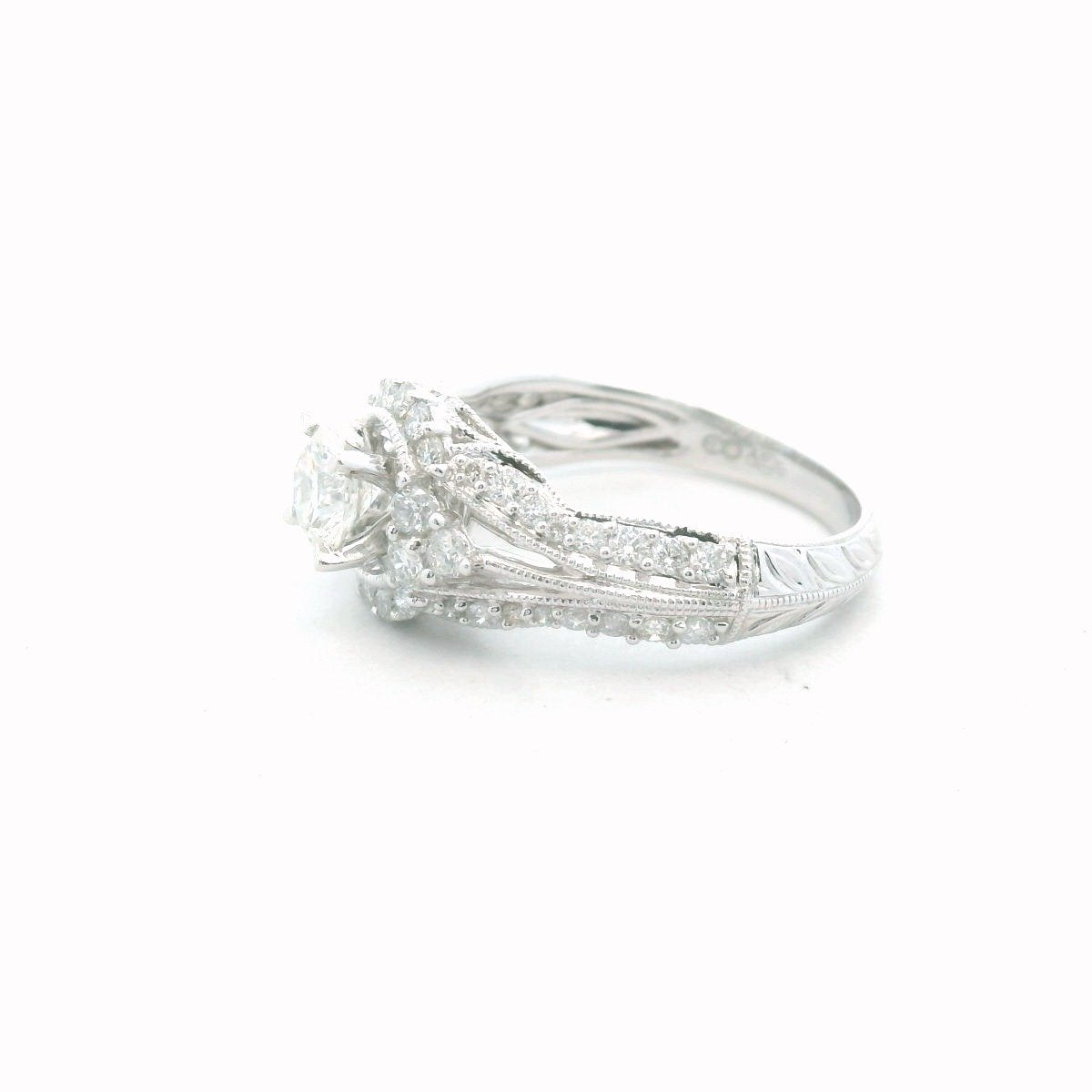 14K White Gold Diamond Engagement Milgrain Accent Ring