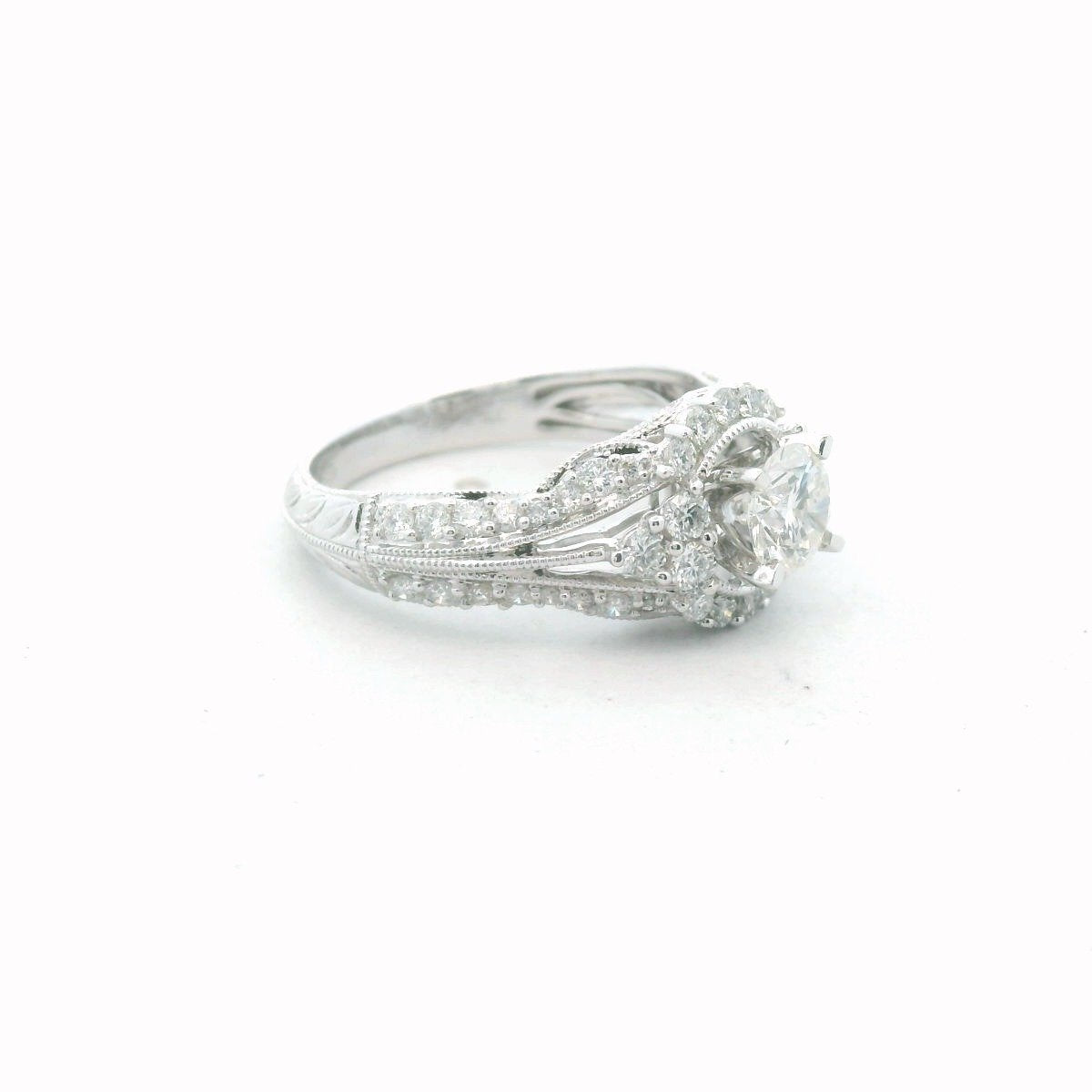 14K White Gold Diamond Engagement Milgrain Accent Ring