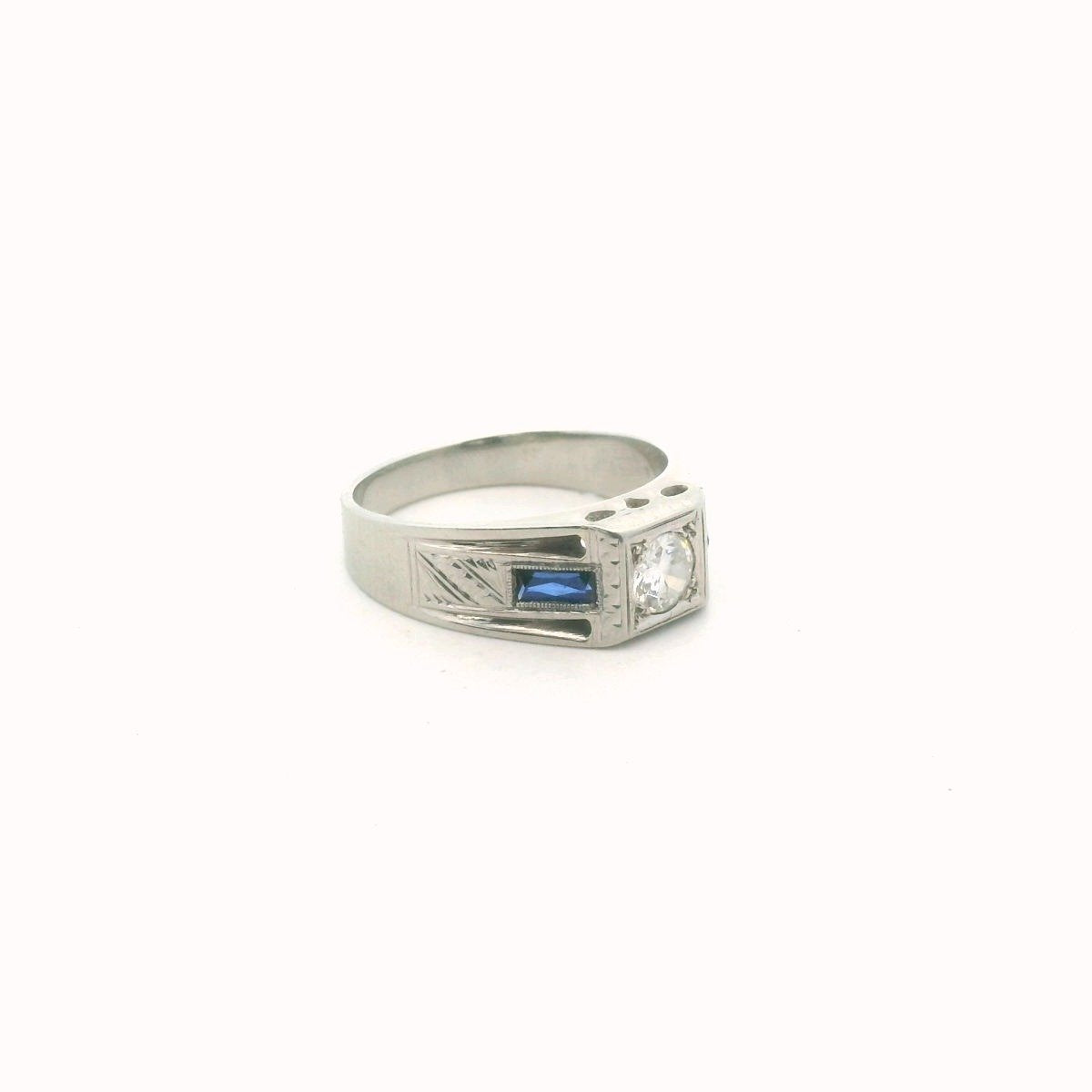 Antique 18K White Gold Art Deco Diamond & Lab Created Sapphire Ring