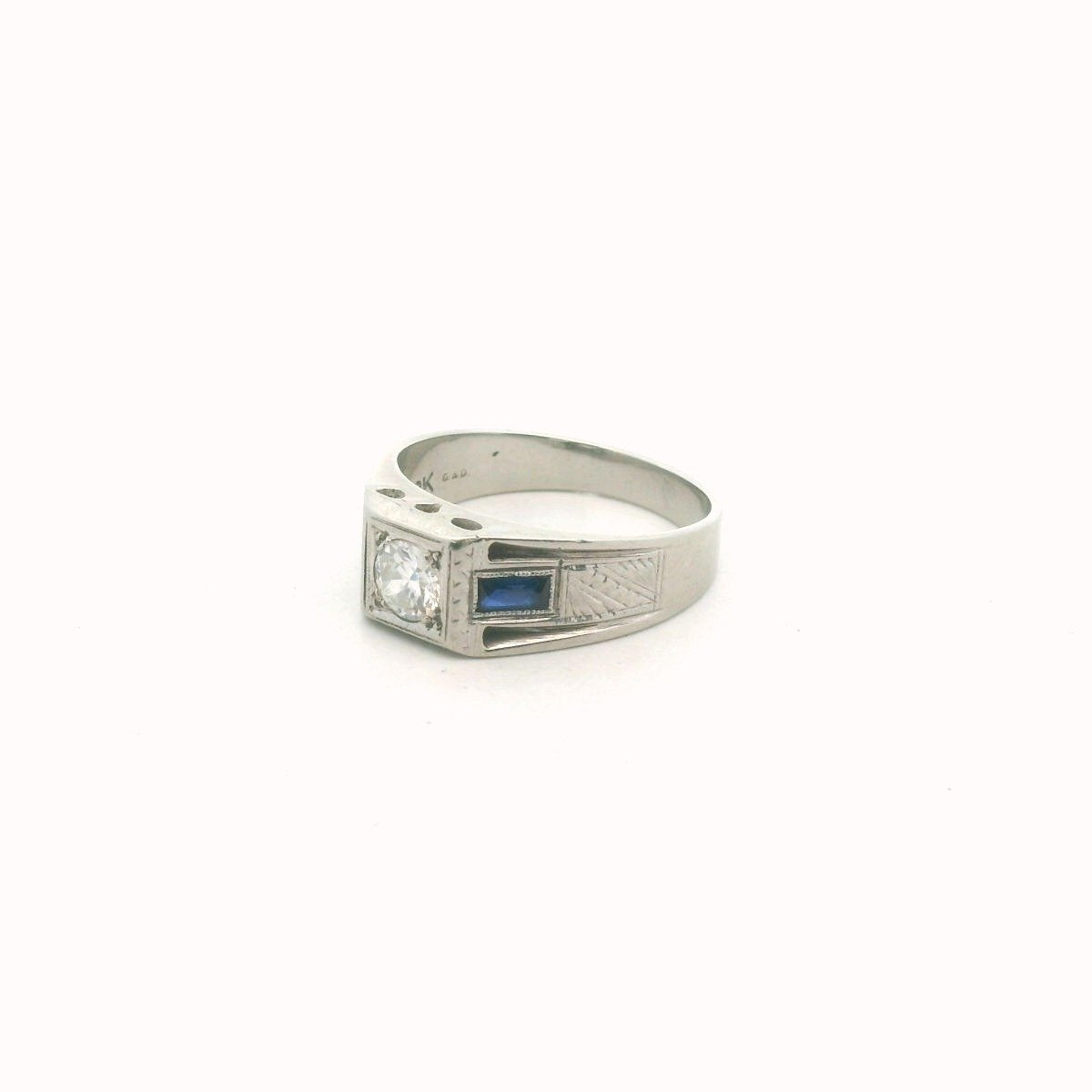 Antique 18K White Gold Art Deco Diamond & Lab Created Sapphire Ring