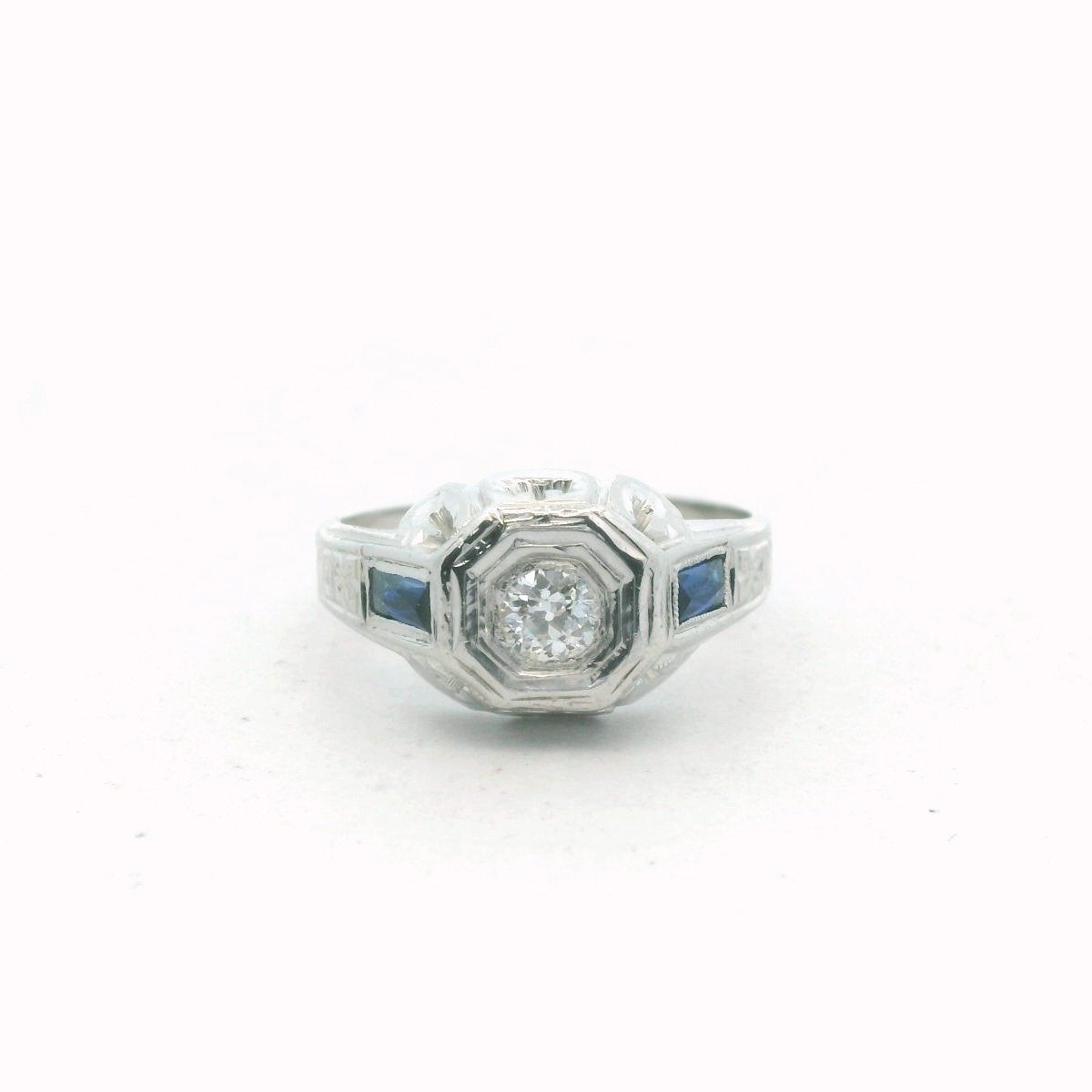 Art Deco 18K White Gold Natural Diamond & Lab Created Sapphire Ring