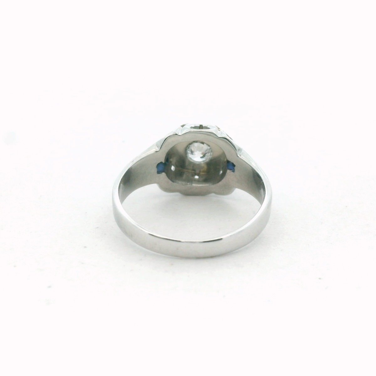 Art Deco 18K White Gold Natural Diamond & Lab Created Sapphire Ring
