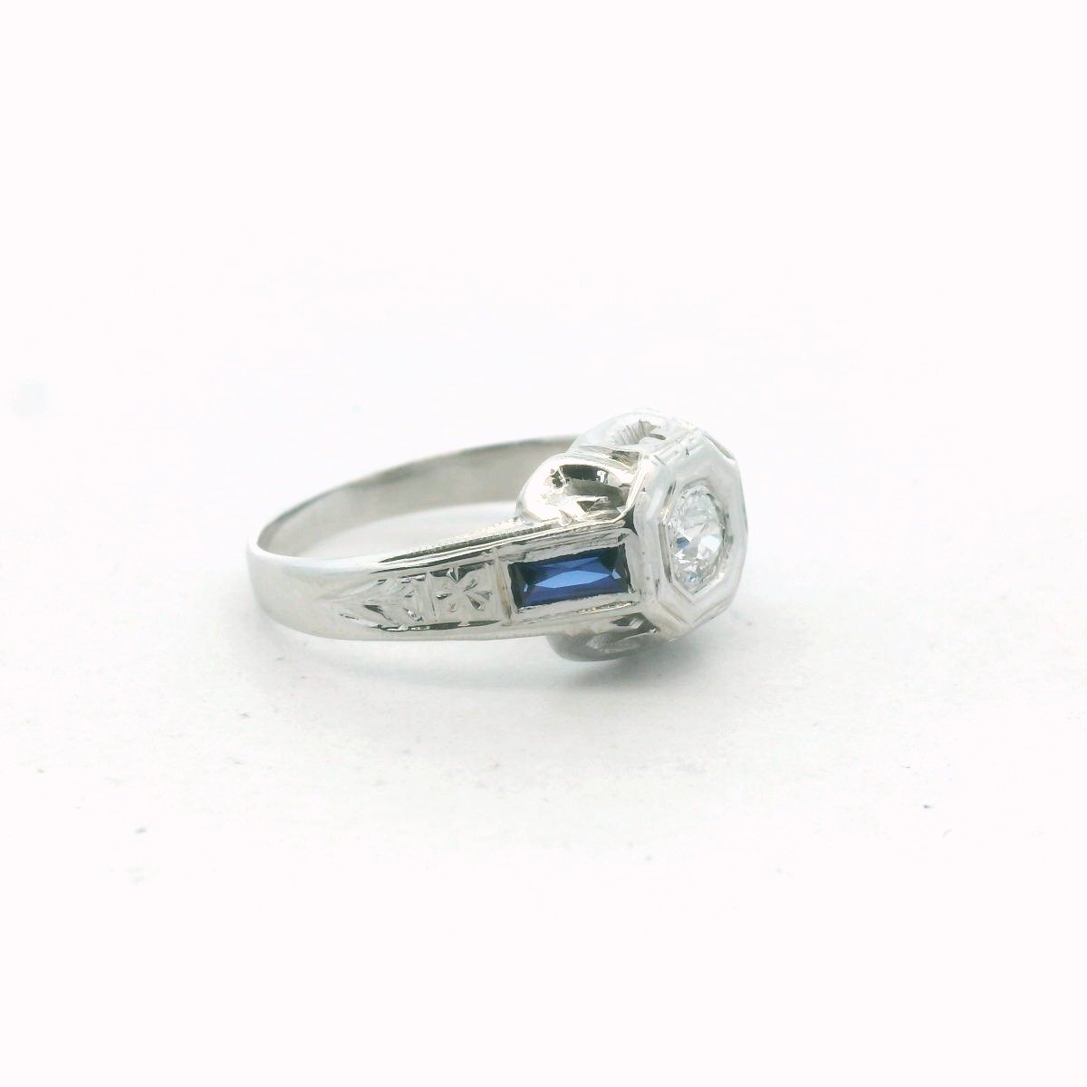 Art Deco 18K White Gold Natural Diamond & Lab Created Sapphire Ring