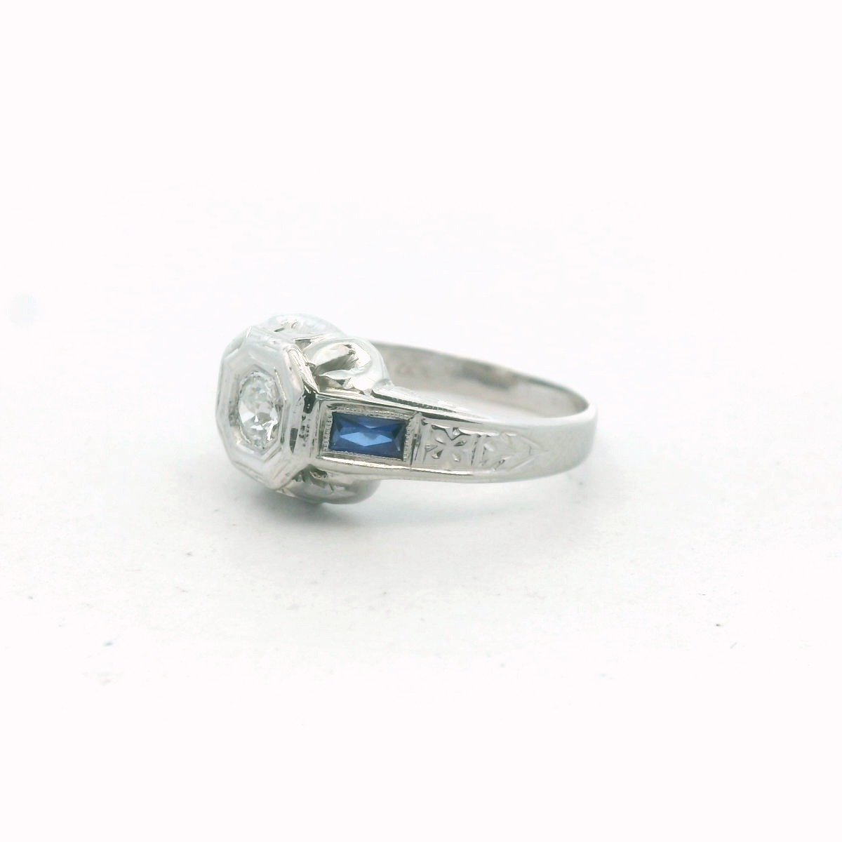 Art Deco 18K White Gold Natural Diamond & Lab Created Sapphire Ring
