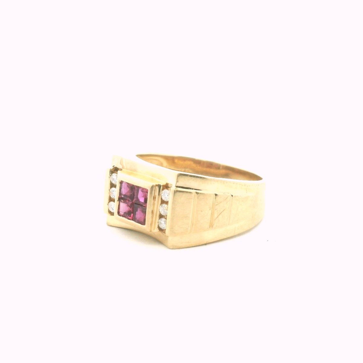 Vintage 14K Yellow Gold Mens Diamond & Ruby Ring