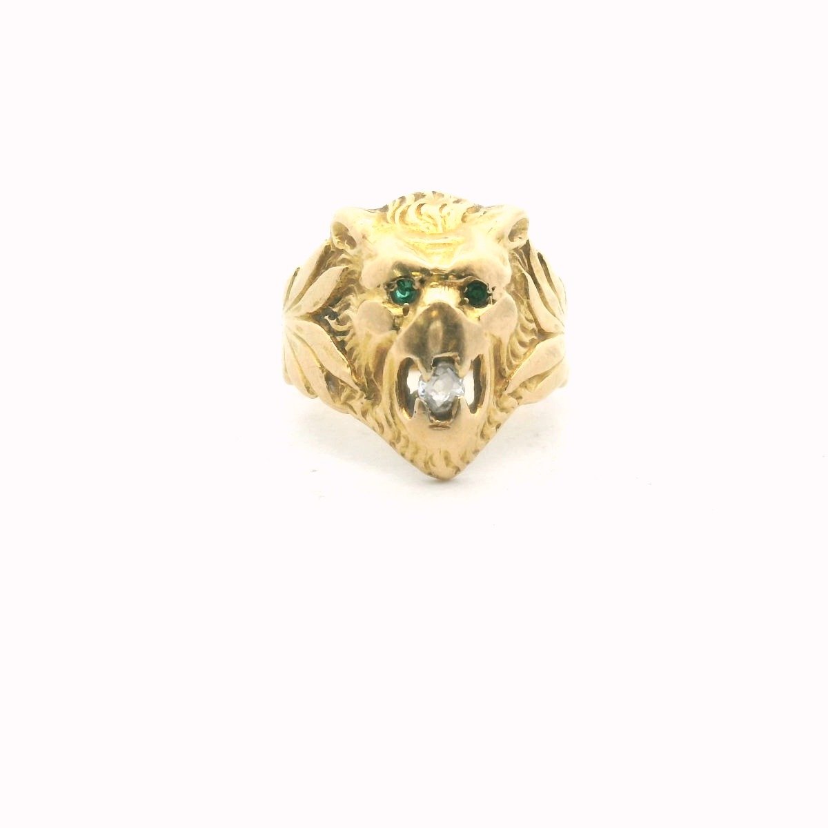 Antique 18K Yellow Gold Diamond & Emerald Lion Ring