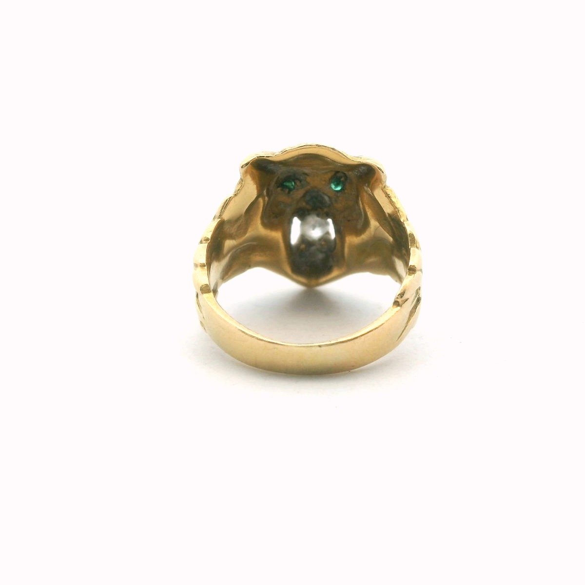 Antique 18K Yellow Gold Diamond & Emerald Lion Ring