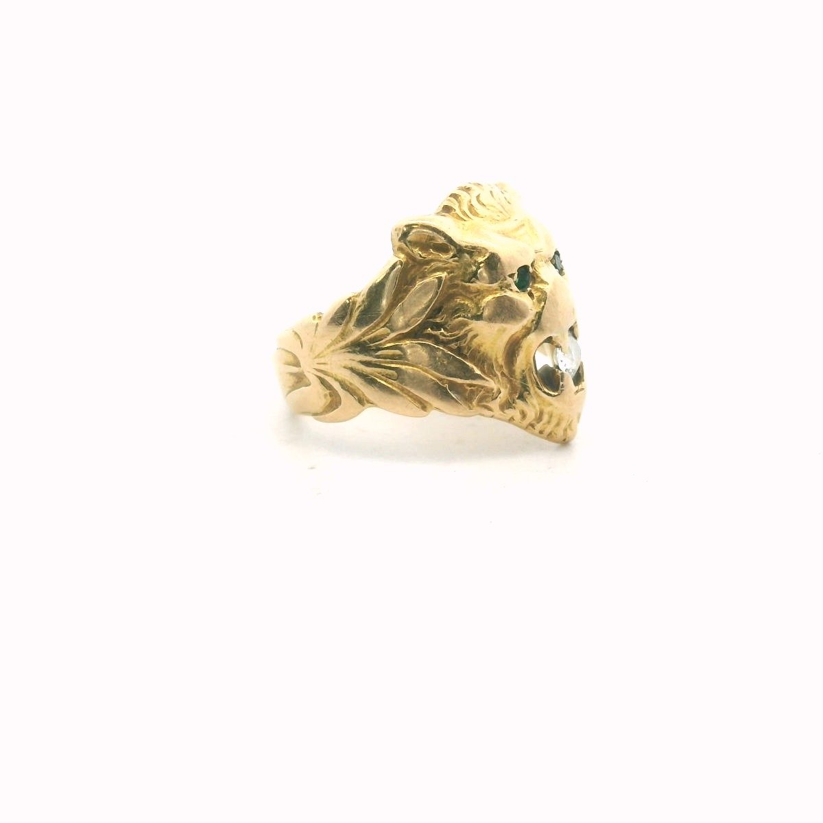 Antique 18K Yellow Gold Diamond & Emerald Lion Ring
