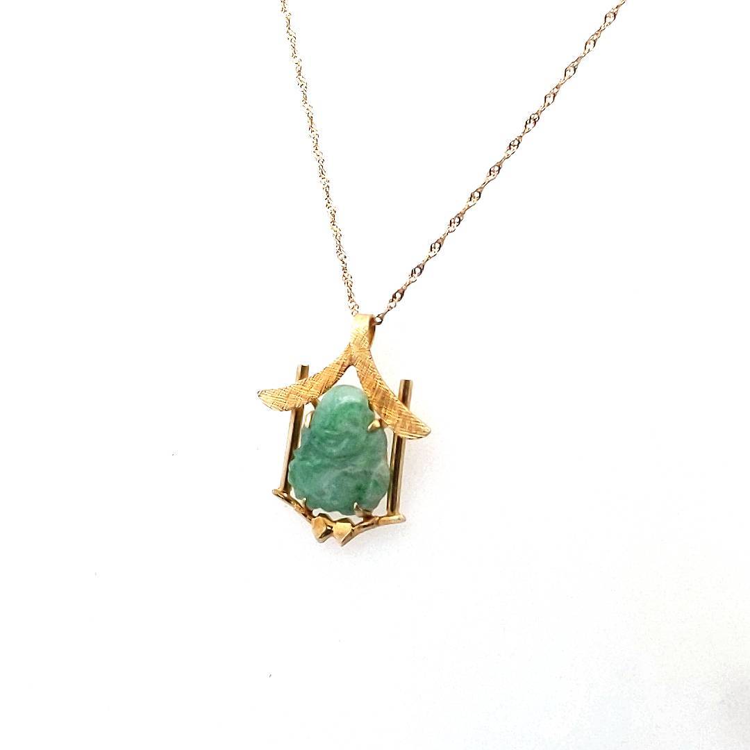 Vintage 14K Yellow Gold Jadeite Buddah Pendant Necklace
