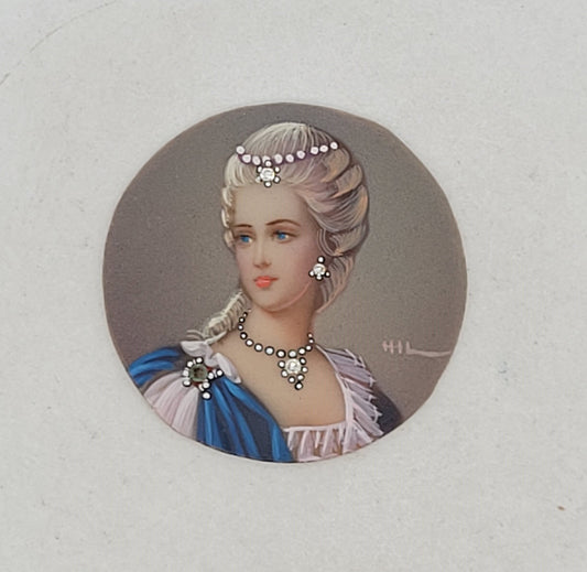 Hand Painted Lady Portrait With Natural Diamonds & Emerald