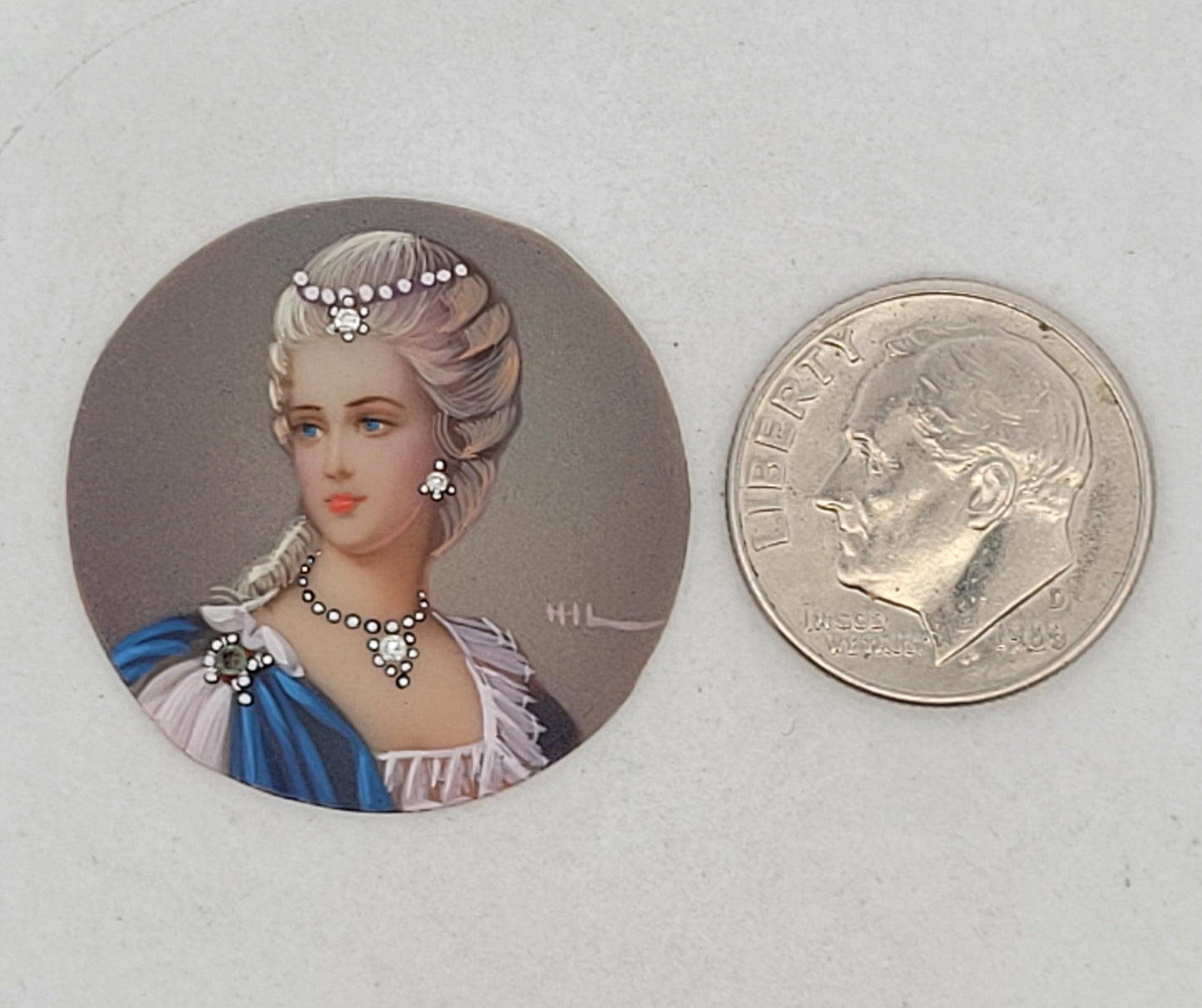 Hand Painted Lady Portrait With Natural Diamonds & Emerald