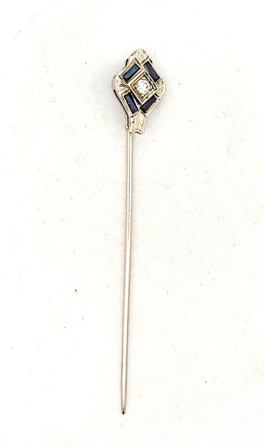 Deco 14K-16K White Gold Natural Diamond & Lab Created Sapphire Stick Pin