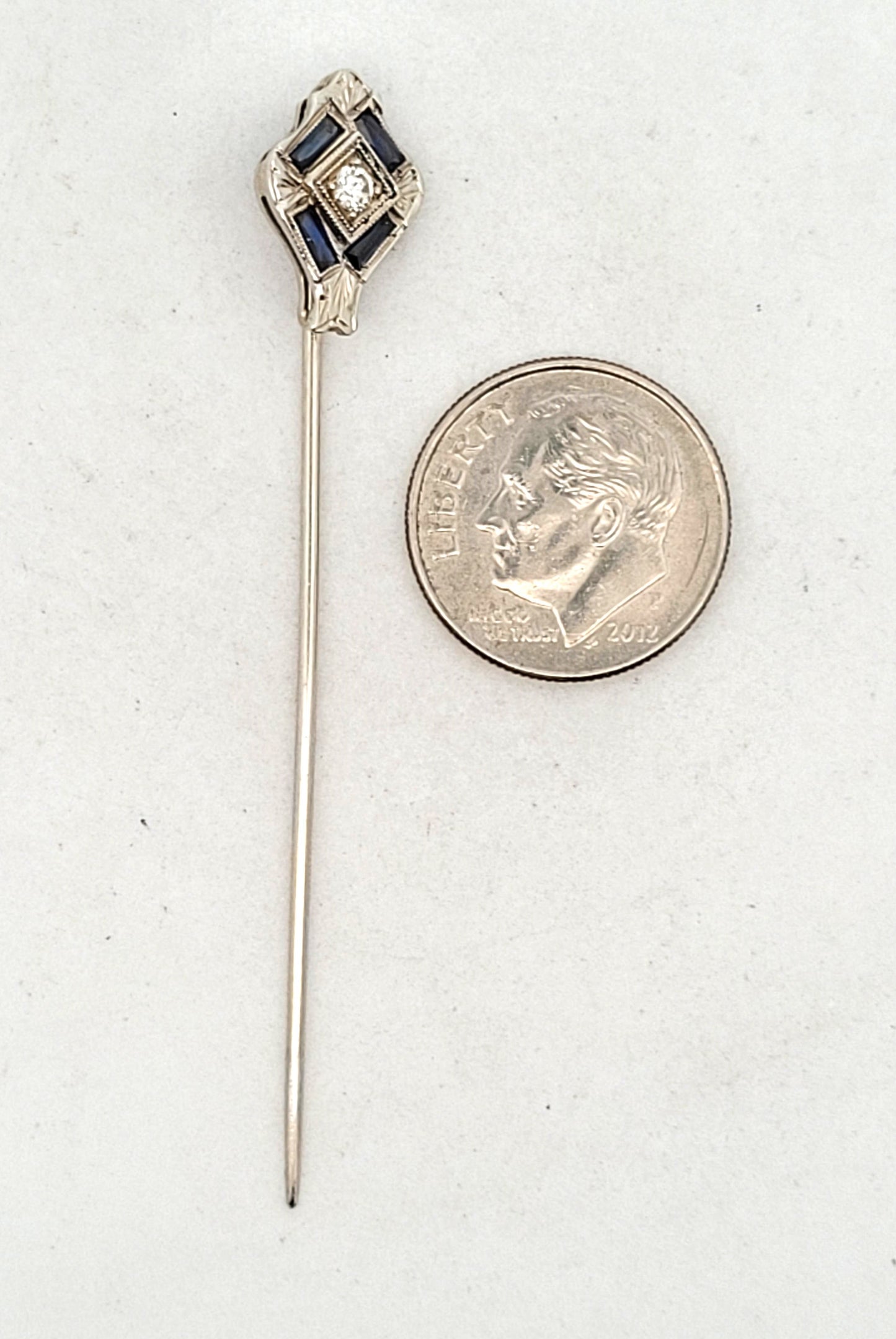 Deco 14K-16K White Gold Natural Diamond & Lab Created Sapphire Stick Pin