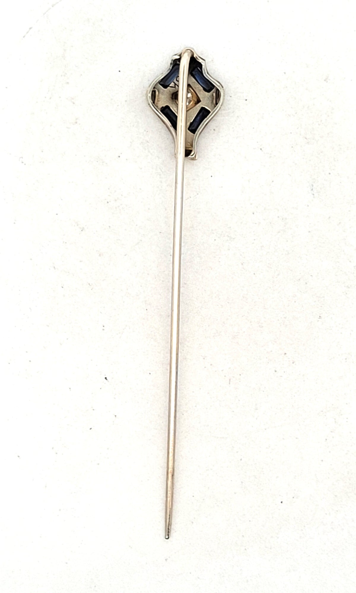 Deco 14K-16K White Gold Natural Diamond & Lab Created Sapphire Stick Pin