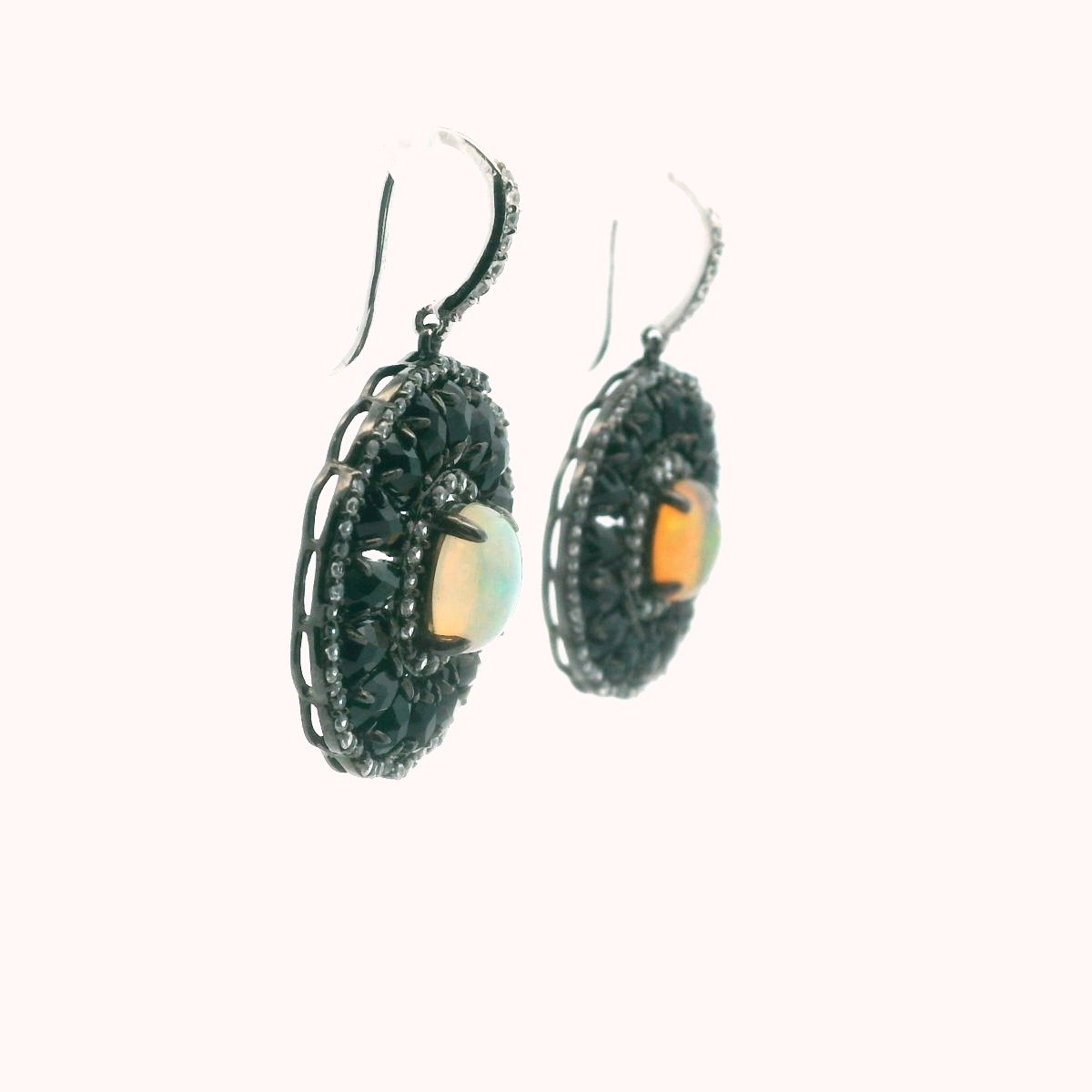 MLD Rhodium Plated Sterling Black Spinel Opal & Zircon Earrings