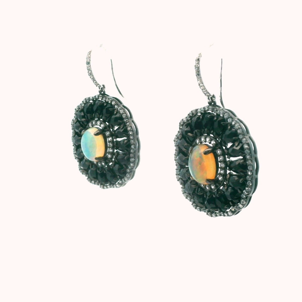 MLD Rhodium Plated Sterling Black Spinel Opal & Zircon Earrings