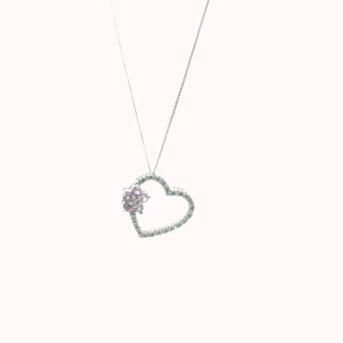 14K White Gold Diamond & Pink Sapphire Heart & Flower Necklace